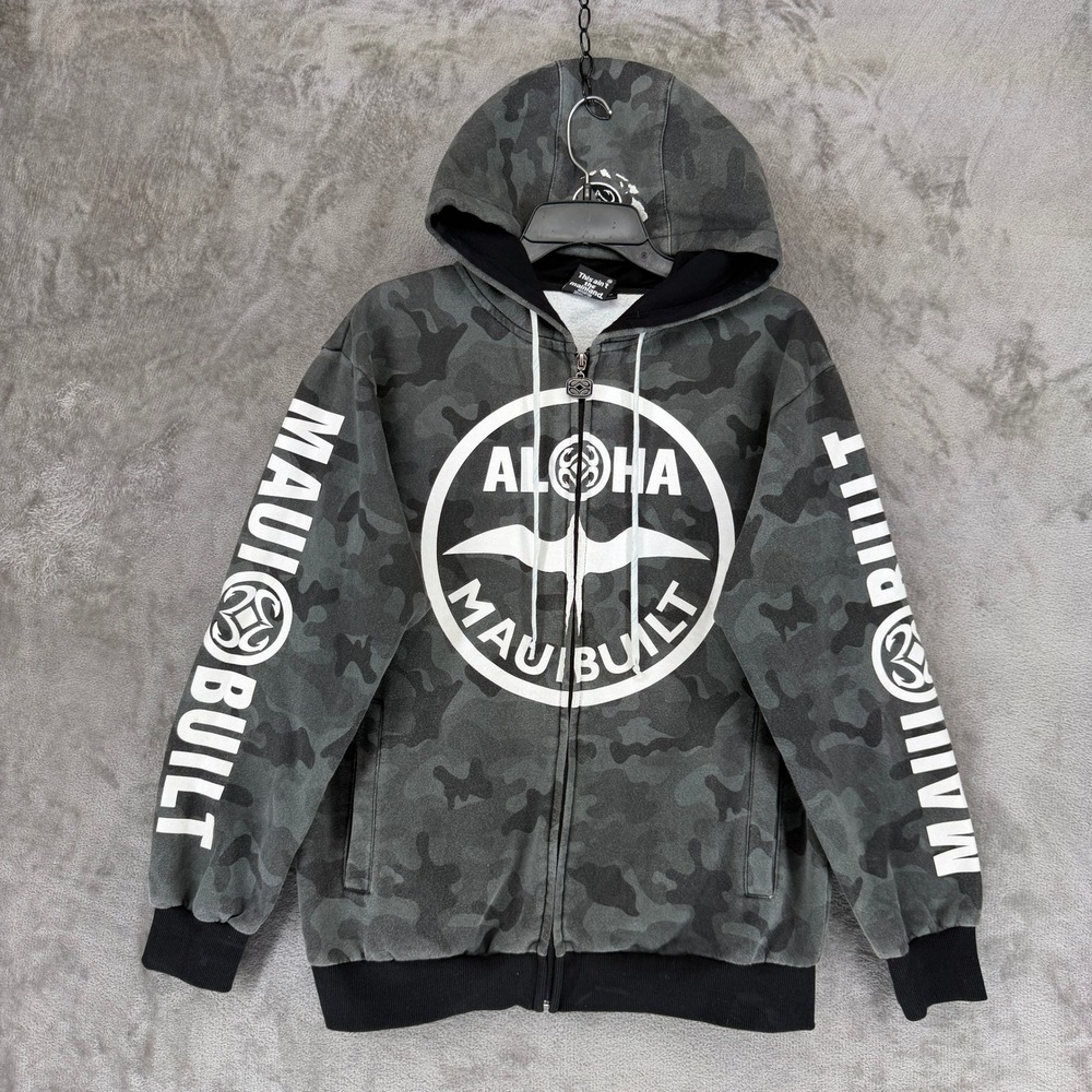 Maui Built Hoodie Mens M Aloha Full Zip Gray Black Camo Hawaii Graphic EUC